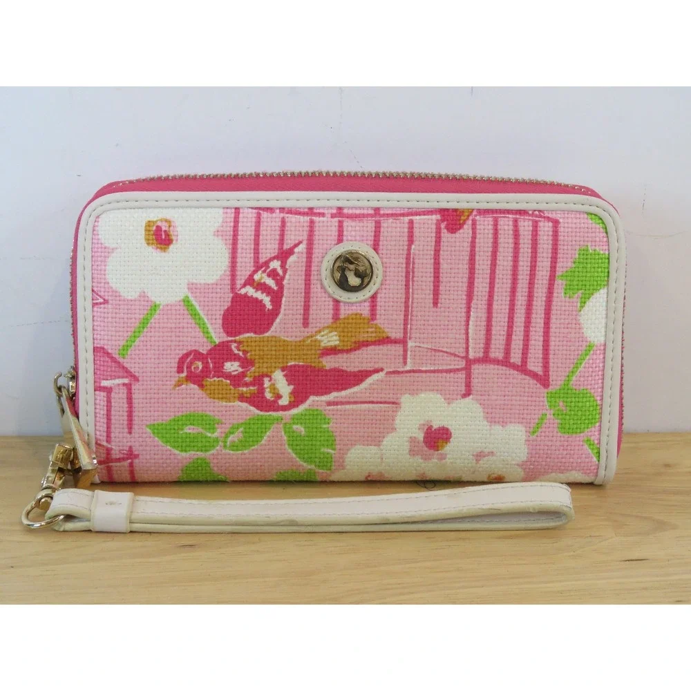 SPARTINA 449 Pink Floral Wallet Wristlet Linen Leather EUC - Picture 2 of 8